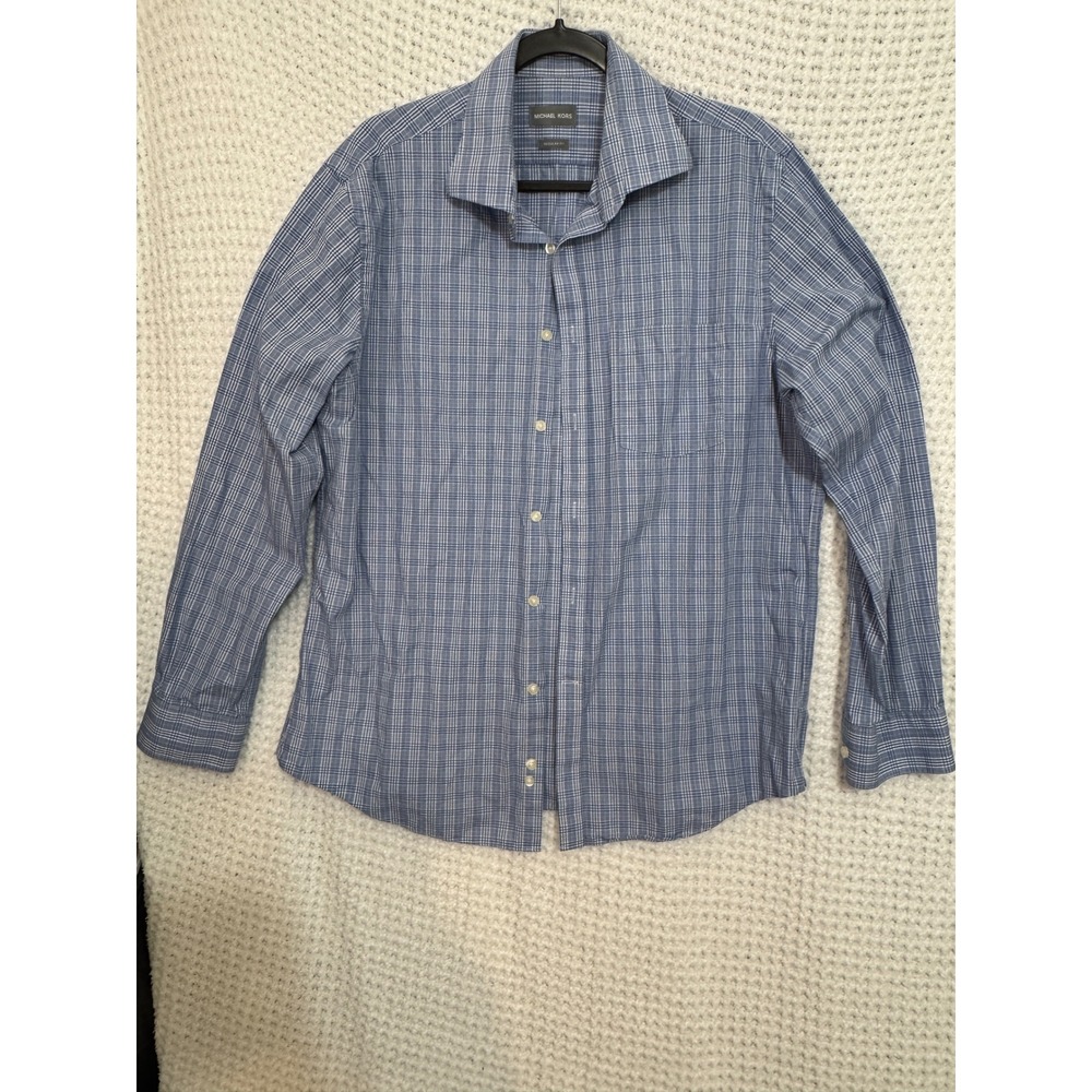 Michael Kors Men's Blue Plaid Long Sleeve Dress Shirt Regular Fit 16 1/2 34/35 L